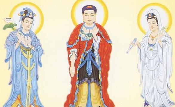 西方三圣:中间是阿弥陀佛,左边大势至菩萨,右边为观世音菩萨组成